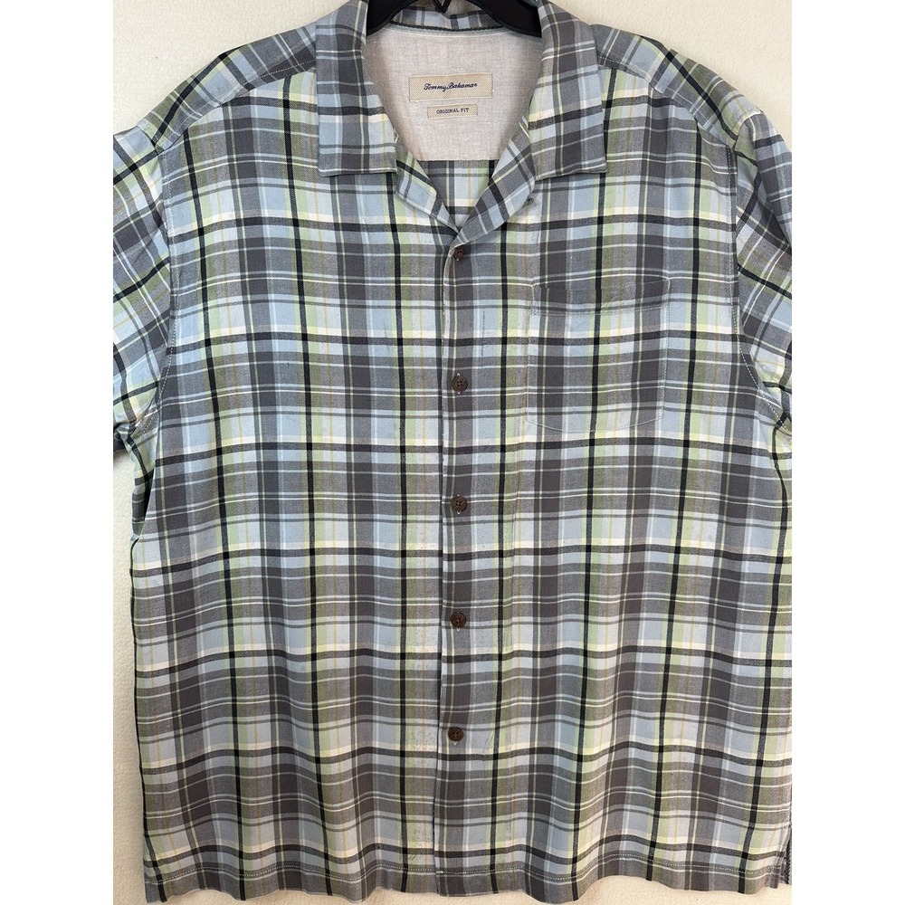 Tommy Bahama Original Fit Mens XL Short Sleeve Button Up Green Plaid Silk Shirt